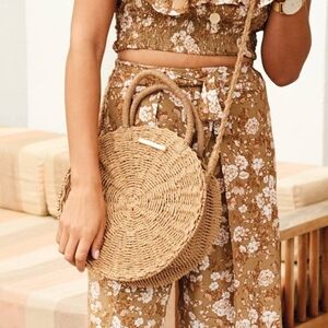Poppy & Peonies Natural Straw Round Crossbody Bag